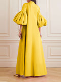 themeisles Loose Flower Shape Solid Color Stand Collar Lantern Sleeves Maxi Dresses