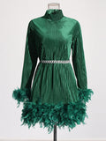 themeisles Velvet Solid Color Feathers Chains Long Sleeves A-Line Stand Collar Mini Dresses