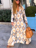 themeisles Summer New Fashion Geometric Pattern Printing V-neck Temperament Commuter Long Section Long-sleeved Lazy Wind Dress Female
