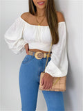 themeisles Tops Female Solid Color Exposed Umbilical Cord Lantern Sleeves A Collar Sexy Hot Girls Laced Bubble Sleeve Long-sleeved Shirt