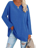 themeisles Ladies T-shirt New Multi-color Loose Drop Shoulder Sleeve V-neck Solid Color Women's Tops