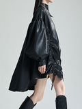 themeisles Solid Color Pleated Drawstring Puff Sleeves Loose Stand Collar Mini Dresses