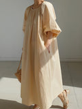 themeisles Original Casual Loose Solid Color Pleated Puff Sleeves Midi Dress