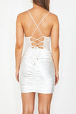 themeisles Satin Draped Cowl Front Ruched Cami Mini Bodycon Dress