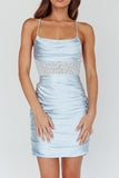themeisles Satin Draped Cowl Front Ruched Cami Mini Bodycon Dress