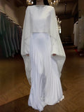 themeisles Long Sleeves Pleated Solid Color Round-Neck Evening Maxi Dresses