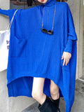 themeisles Batwing Sleeves High-Low Pockets Solid Color High-Neck Midi Dresses Sweater Dresses