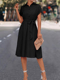 themeisles Tied Waist Solid Color Buttoned Short Sleeves High Waisted Lapel Collar Shirt Dress Midi Dresses