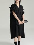 themeisles Solid Color Pleated Drawstring Adjustable Short Sleeves Raglan Sleeve V-Neck Shirt Dress Midi Dresses