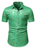 themeisles Casual Solid Colorblocking Fashion Printing Slim Shirt Men's Lapel Single-breasted Short-sleeved Christmas Shirt Cardigan