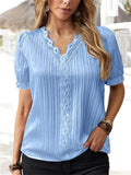 themeisles Summer New Temperament Commuter V-neck Loose Type Plain Lace Hollow Princess Sleeve Short-sleeved Urban Commuter Style Shirt