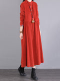 themeisles Vintage Corduroy Long Sleeves A-Line Embroidered Solid Round-Neck Midi Dresses