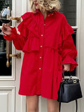 themeisles Solid Color Ruffled Layered Elasticity Buttoned Asymmetric Loose Long Sleeves Lapel Mini Dresses