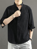 themeisles Summer New Men's Cotton Linen Medium-sleeved Shirt Casual Seven-minute Sleeve Men's Shirt Thin Section Loose Stand-up Collar Blouse