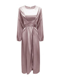 themeisles Zipper Tied Waist Solid Color High-Waisted Wrap Round-neck Maxi Dresses