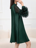 themeisles Solid Color Pleated Embroidered Loose Long Sleeves Round-neck Midi Dresses