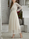 themeisles Solid Color See-Through Gauze Buttoned Long Sleeves High Waisted V-Neck Maxi Dresses