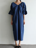 themeisles Casual Half Sleeves Loose Pleated Solid Color V-Neck Midi Dresses