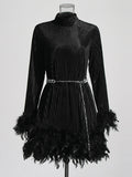 themeisles Velvet Solid Color Feathers Chains Long Sleeves A-Line Stand Collar Mini Dresses