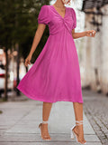 themeisles Split-Joint Solid Color Pleated Knot Elasticity Short Sleeves Puff Sleeves V-neck Midi Dresses