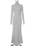 themeisles Split-Joint Solid Color Long Sleeves Bodycon High Neck Maxi Dresses