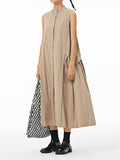 themeisles Solid Color Pleated Sleeveless Loose Stand Collar Shirt Dress Midi Dresses