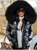 themeisles Women's Winter Jacket Puffer Jacket Hoodie Jacket Street Causal Wear to work Winter Fall Spring Regular Coat Slim Chic & Modern Casual Jacket Long Sleeve Solid Color Classic Style Black fur collar