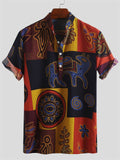 themeisles Summer Men's Short Sleeve Printed Shirt Polo Shirt Loose Standing Collar Button Up Blouse Shirt