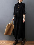 themeisles Vintage Split-Joint Solid Color Long Sleeves Lapel A-Line Corduroy Midi Dress