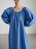 themeisles Original Casual Loose Solid Color Pleated Puff Sleeves Midi Dress