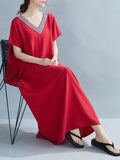 themeisles Casual Artistic Retro Striped V-Neck Short Sleeves Maxi Dress