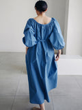 themeisles Original Casual Loose Solid Color Pleated Puff Sleeves Midi Dress