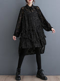 themeisles Tasseled Split-side Split-Joint Solid Color Flower Print Buttoned Loose Long Sleeves Lapel Midi Dresses