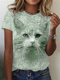 themeisles Short-sleeved Straight Type Pullover Round Neck Cartoon Cats Digital Printing T-shirt Pink Purple Blue Green