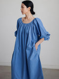 themeisles Original Casual Loose Solid Color Pleated Puff Sleeves Midi Dress