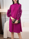 themeisles Solid Color Pleated Embroidered Loose Long Sleeves Round-neck Midi Dresses