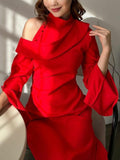themeisles Flared Sleeves Asymmetric Buttoned Hollow Solid Color Zipper Cold Shoulder Evening Dresses Maxi Dresses