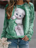 themeisles Spring and Summer Animals Loose Print Long Sleeve Round Neck Sweater White Blue Green Pink