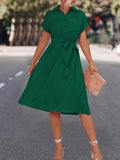 themeisles Tied Waist Solid Color Buttoned Short Sleeves High Waisted Lapel Collar Shirt Dress Midi Dresses