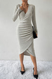 themeisles Ribbed Surplice Long Sleeve Midi Dress