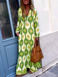 themeisles Summer New Fashion Geometric Pattern Printing V-neck Temperament Commuter Long Section Long-sleeved Lazy Wind Dress Female