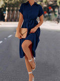 themeisles Tied Waist Solid Color Buttoned Short Sleeves High Waisted Lapel Collar Shirt Dress Midi Dresses