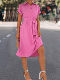 themeisles Tied Waist Solid Color Buttoned Short Sleeves High Waisted Lapel Collar Shirt Dress Midi Dresses