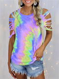 themeisles Summer New Round Neck Women's Tie-dye Print Short-sleeved Strapless Sexy Casual Pullover T-shirt Loose Type Top