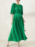 themeisles Loose Pleated With Waistband Solid Color Round-Neck Maxi Dresses