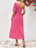 themeisles Solid Color Puff Sleeves Loose One-Shoulder Midi Dresses