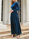 themeisles Zipper Solid Color Pleated Belted Wrap Long Sleeves Round-Neck Maxi Dresses