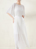themeisles Loose Pleated With Waistband Solid Color Round-Neck Maxi Dresses