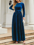 themeisles Zipper Solid Color Pleated Belted Wrap Long Sleeves Round-Neck Maxi Dresses