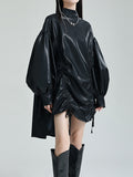 themeisles Solid Color Pleated Drawstring Puff Sleeves Loose Stand Collar Mini Dresses
